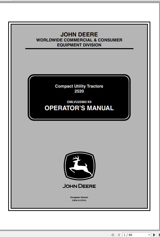 John Deere Compact Utility Tractors 2520 SN 480001 Operators Manual OMLVU22983 K9 2009 1