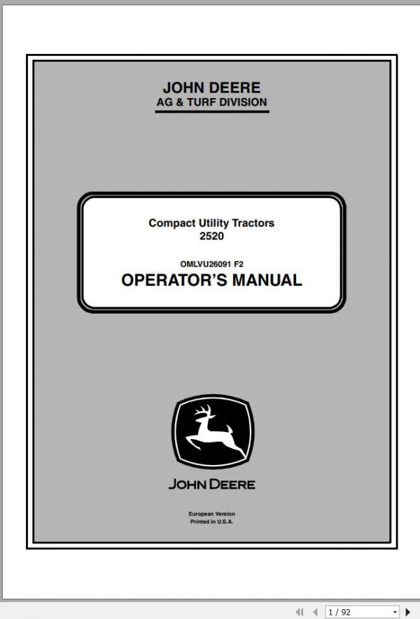 John Deere Compact Utility Tractors 2520 SN 480001 Operators Manual OMLVU26091 F2 2012 1