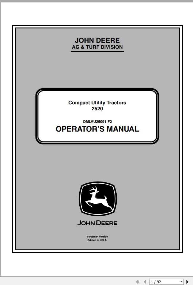 John Deere Compact Utility Tractors 2520 SN 480001 Operators Manual OMLVU26091 F2 2012 1