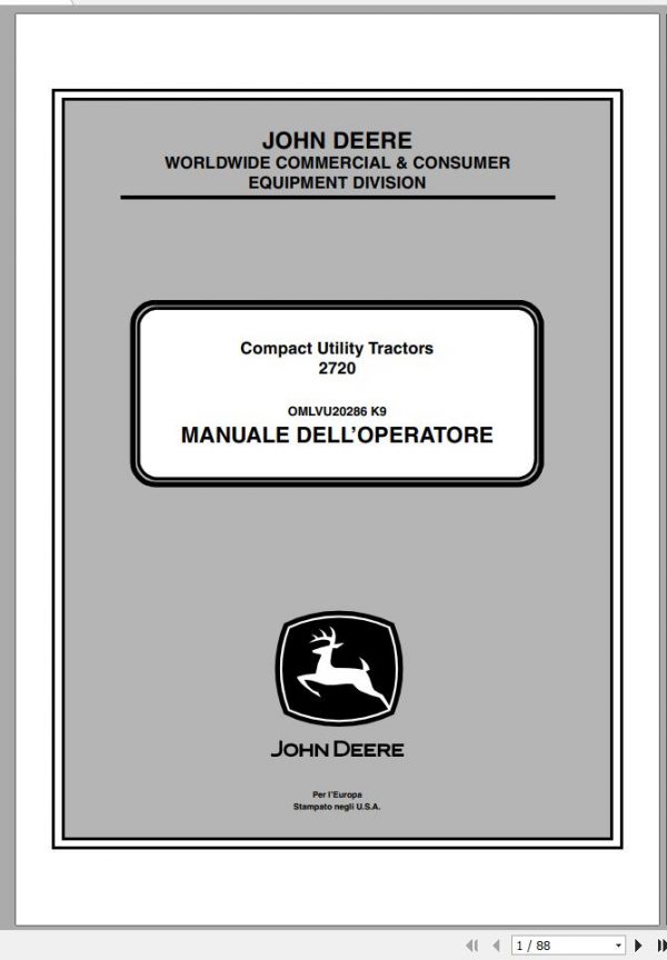 John Deere Compact Utility Tractors 2720 Operators Manual OMLVU20286 K9 2010 ES 1