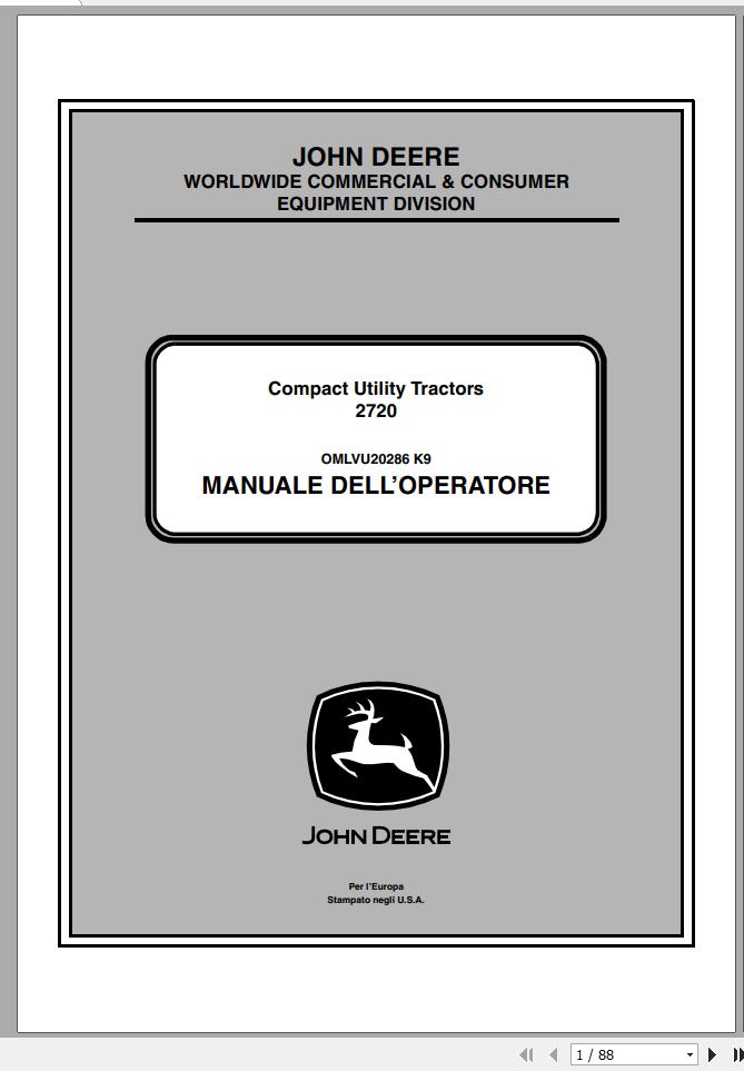 John Deere Compact Utility Tractors 2720 Operators Manual OMLVU20286 K9 2010 ES 1