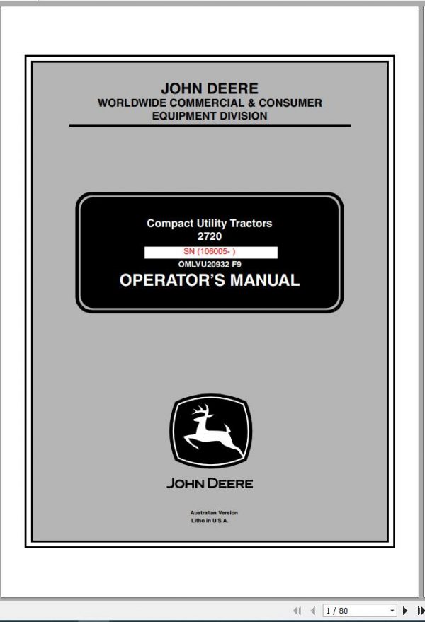 John Deere Compact Utility Tractors 2720 SN 106005 Operators Manual OMLVU20932 F9 2009 1