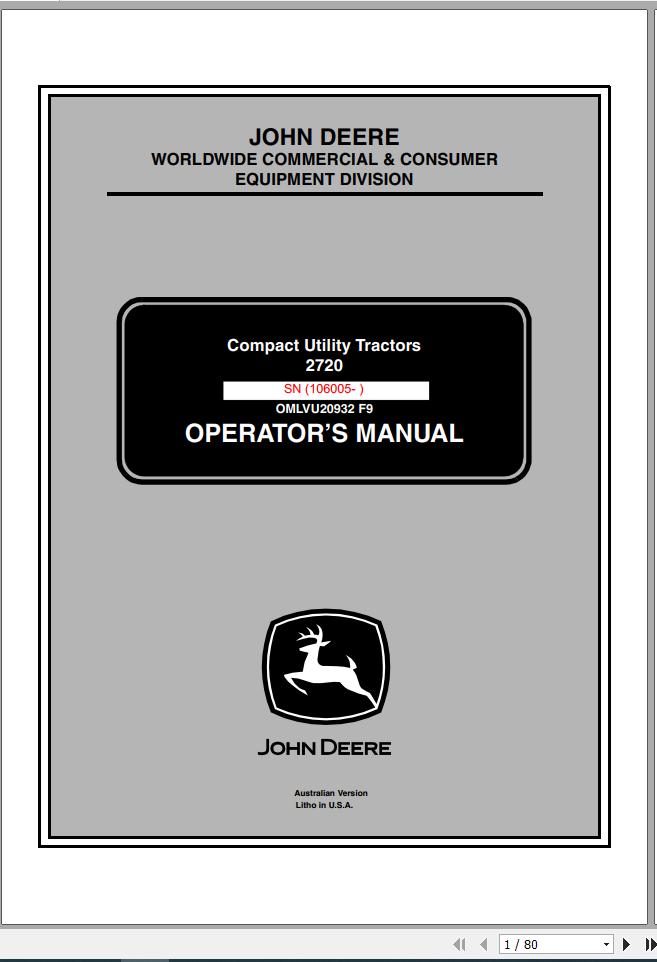 John Deere Compact Utility Tractors 2720 SN 106005 Operators Manual OMLVU20932 F9 2009 1