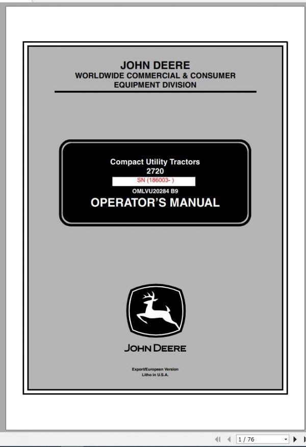 John Deere Compact Utility Tractors 2720 SN 186003 Operators Manual OMLVU20284 B9 2009 1