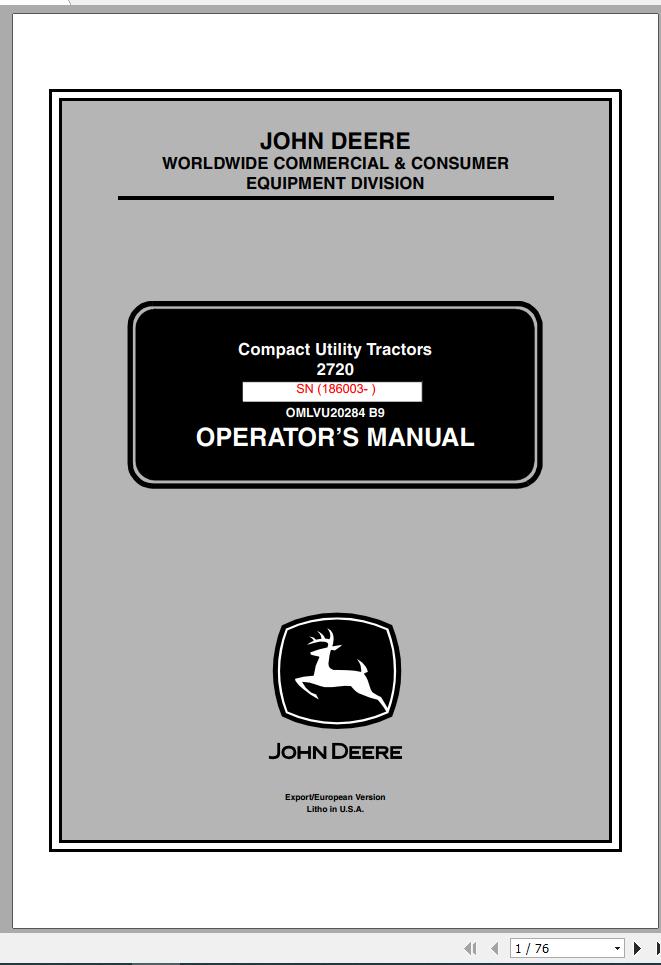John Deere Compact Utility Tractors 2720 SN 186003 Operators Manual OMLVU20284 B9 2009 1