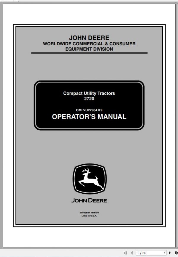 John Deere Compact Utility Tractors 2720 SN 186003 Operators Manual OMLVU22984 K9 2009 1