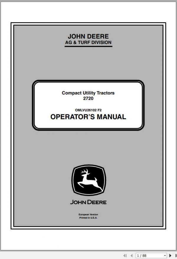 John Deere Compact Utility Tractors 2720 SN 186003 Operators Manual OMLVU26102 F2 2012 1