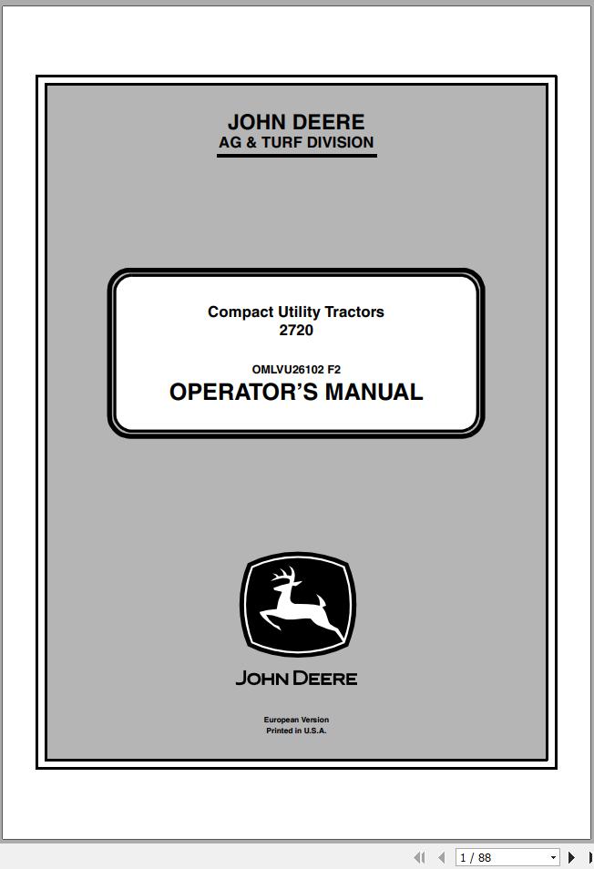 John Deere Compact Utility Tractors 2720 SN 186003 Operators Manual OMLVU26102 F2 2012 1