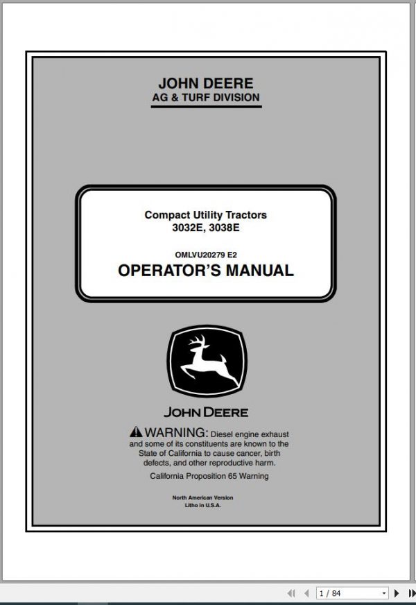 John Deere Compact Utility Tractors 3032E 3038E SN 010001 Operators Manual OMLVU20279 E2 2012 1