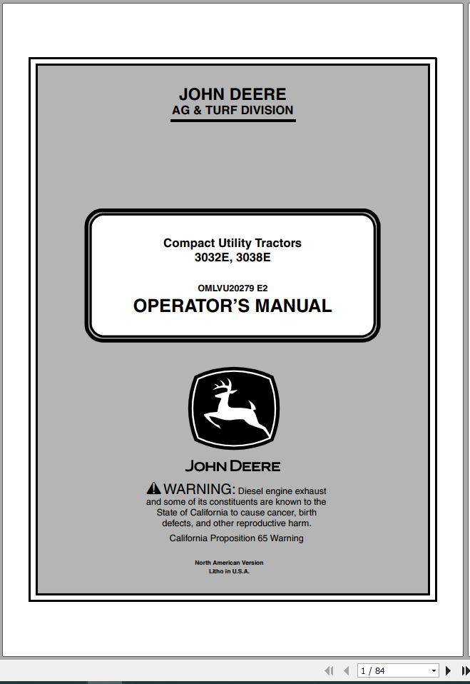 John Deere Compact Utility Tractors 3032E 3038E SN 010001 Operators Manual OMLVU20279 E2 2012 1