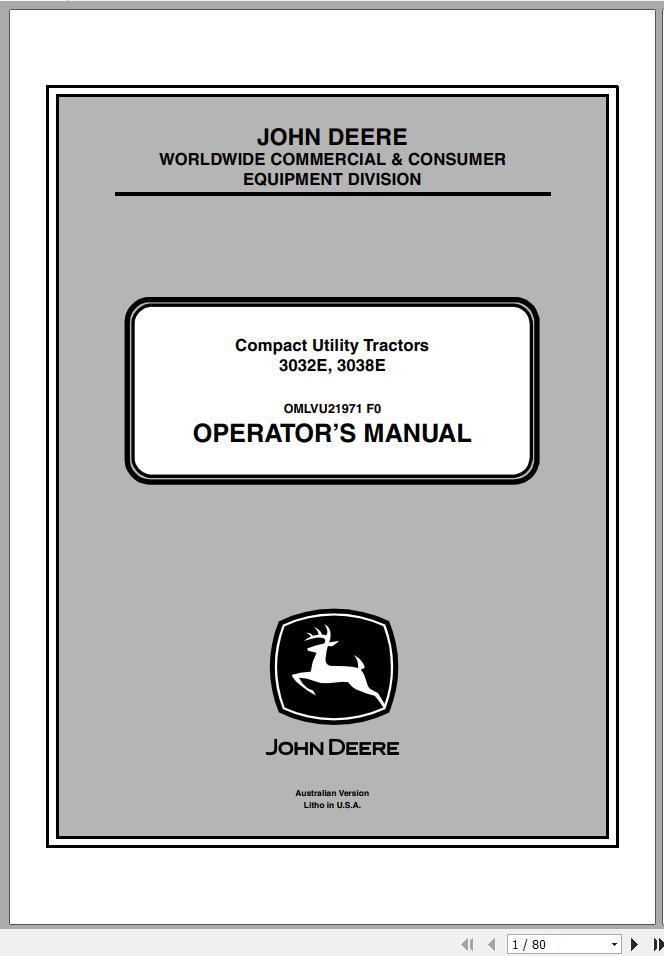 John Deere Compact Utility Tractors 3032E 3038E SN 010001 Operators Manual OMLVU21971 F0 2010 1
