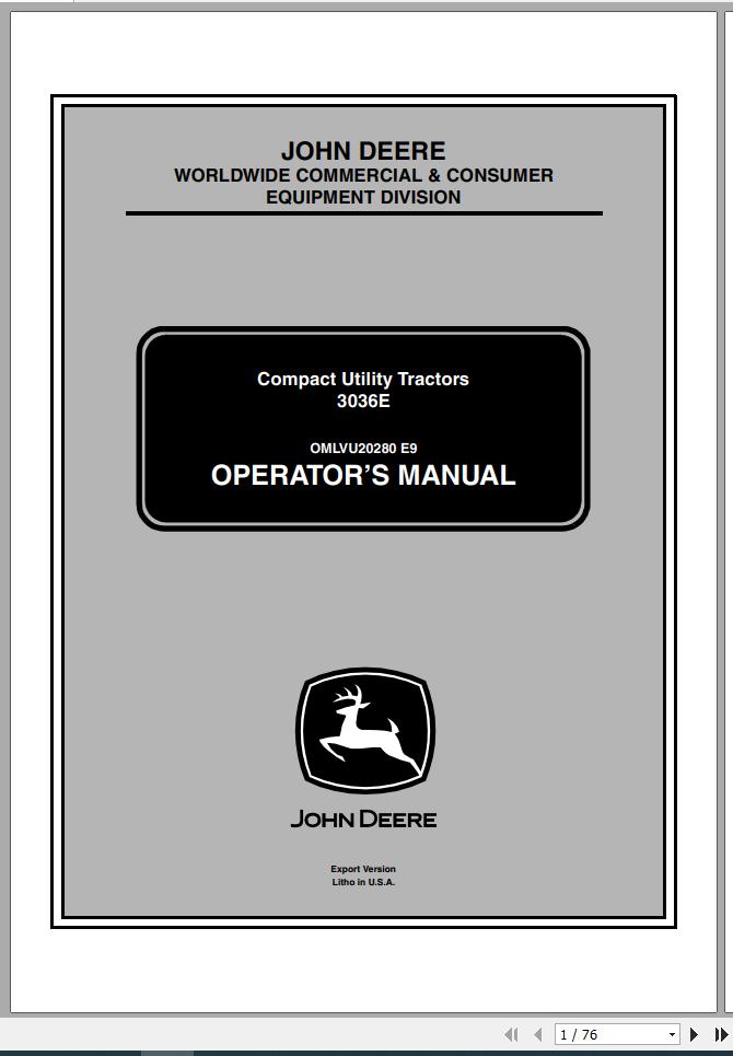 John Deere Compact Utility Tractors 3036E SN 010001 Operators Manual OMLVU20280 E9 2009 1