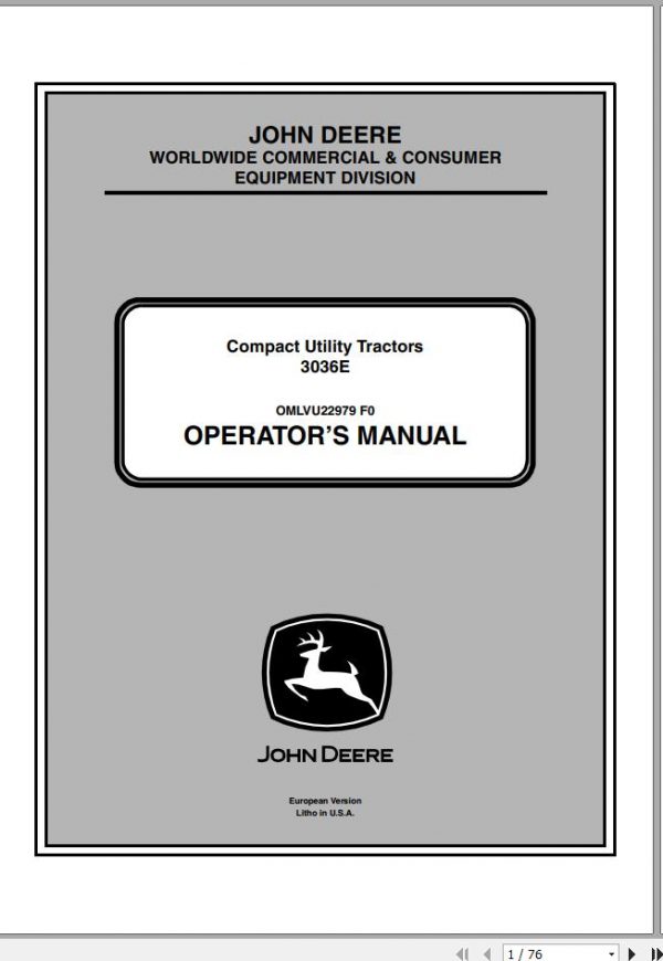 John Deere Compact Utility Tractors 3036E SN 010001 Operators Manual OMLVU22979 F0 2010 1