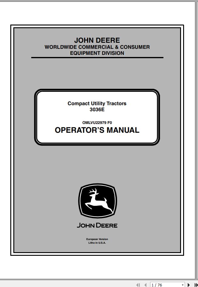 John Deere Compact Utility Tractors 3036E SN 010001 Operators Manual OMLVU22979 F0 2010 1