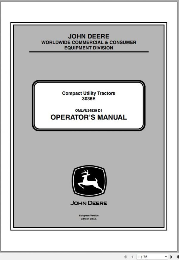 John Deere Compact Utility Tractors 3036E SN 301620 Operators Manual OMLVU24839 D1 2011 1