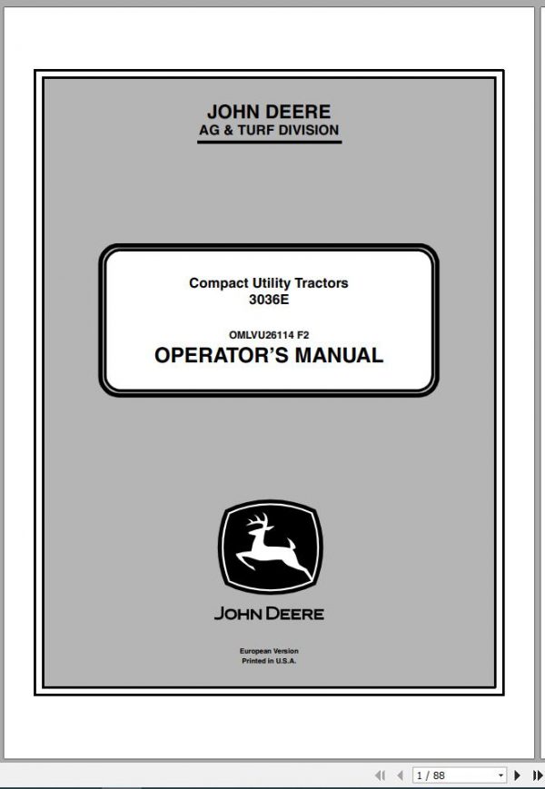 John Deere Compact Utility Tractors 3036E SN 301620 Operators Manual OMLVU26114 F2 2012 1