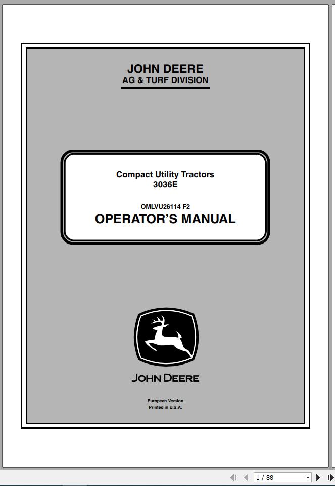 John Deere Compact Utility Tractors 3036E SN 301620 Operators Manual OMLVU26114 F2 2012 1
