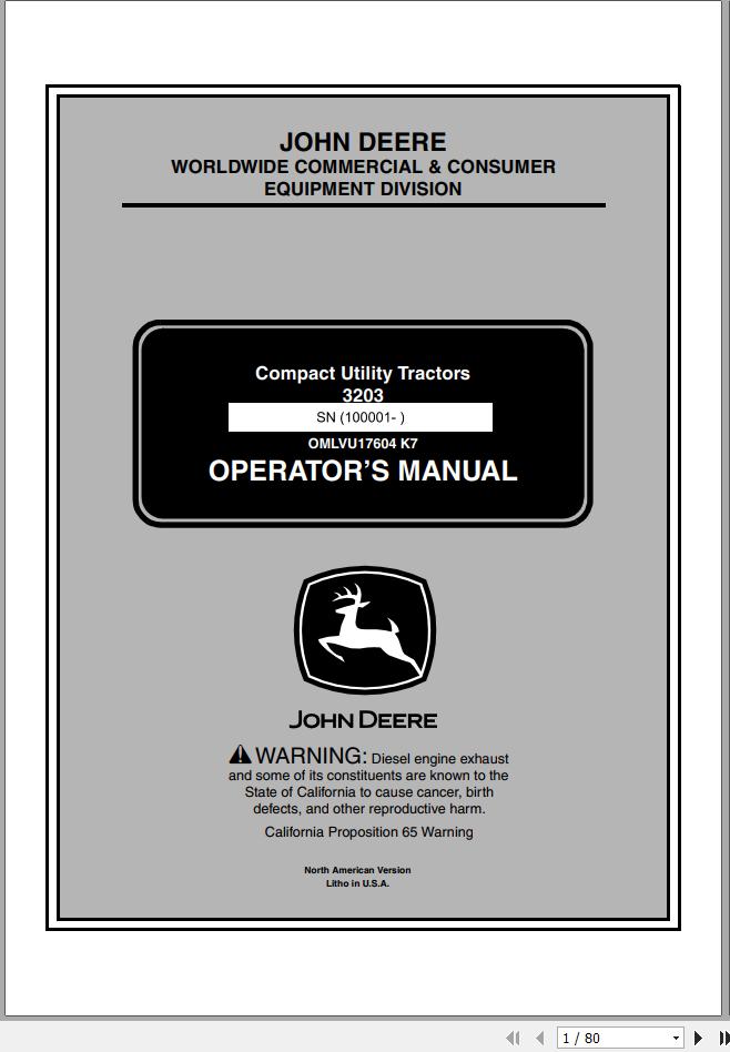 John Deere Compact Utility Tractors 3203 SN 10001 Operators Manual OMLVU17604 K7 2007 1