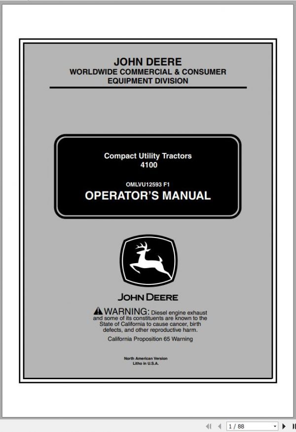 John Deere Compact Utility Tractors 4100 SN 110001 Operators Manual OMLVU12593 F1 2001 1