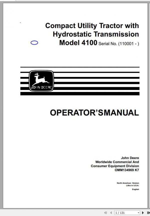 John Deere Compact Utility Tractors 4100 SN 110001 Operators Manual OMM134969 K7 1