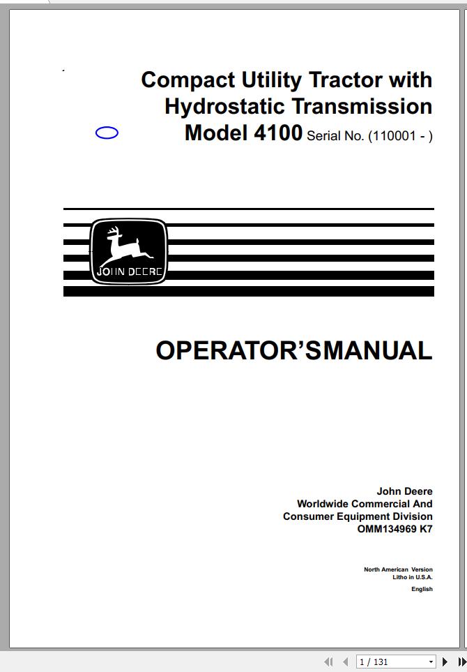 John Deere Compact Utility Tractors 4100 SN 110001 Operators Manual OMM134969 K7 1