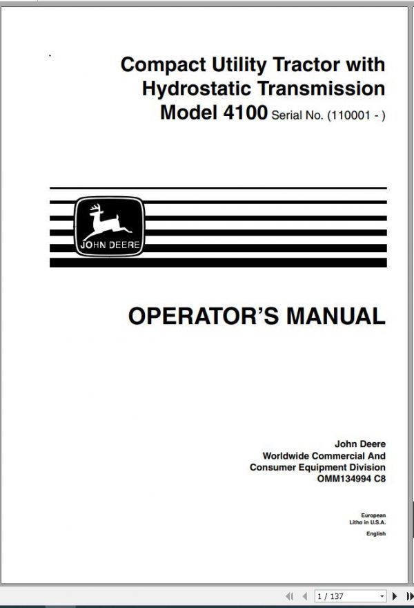 John Deere Compact Utility Tractors 4100 SN 110001 Operators Manual OMM134994 C8 1