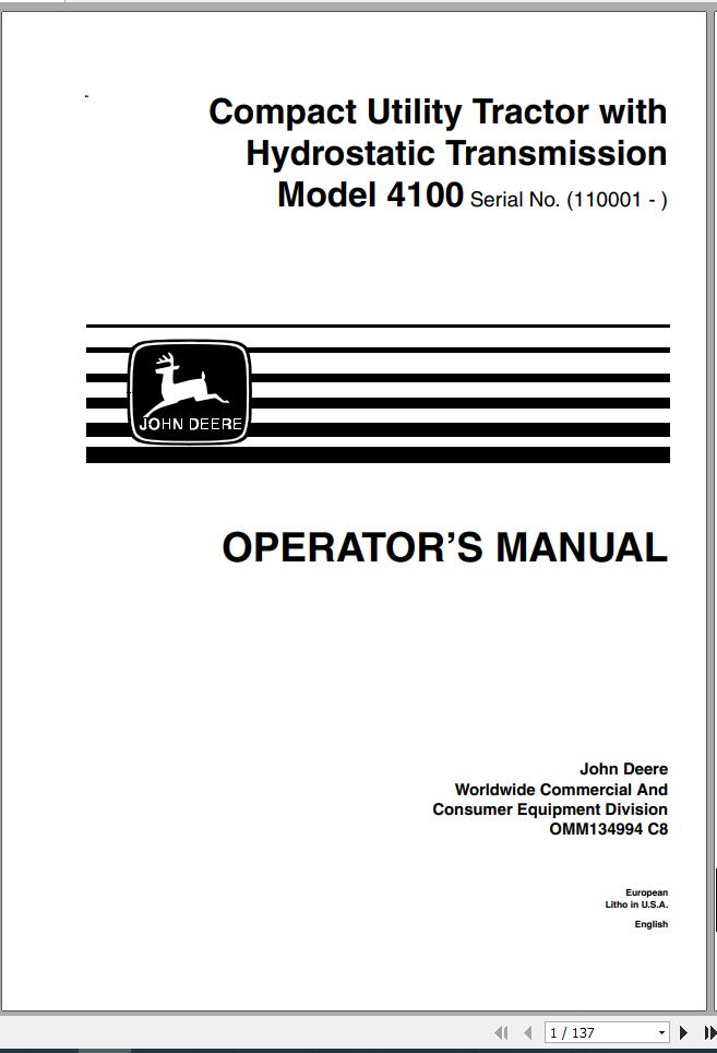 John Deere Compact Utility Tractors 4100 SN 110001 Operators Manual OMM134994 C8 1