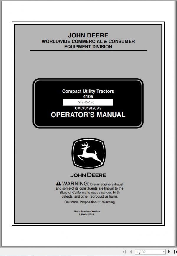 John Deere Compact Utility Tractors 4105 SN 100001 Operators Manual OMLVU19126 A9 2009 1