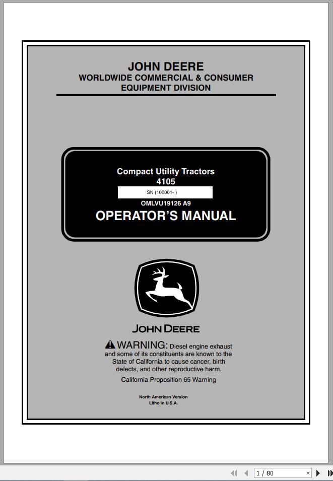 John Deere Compact Utility Tractors 4105 SN 100001 Operators Manual OMLVU19126 A9 2009 1