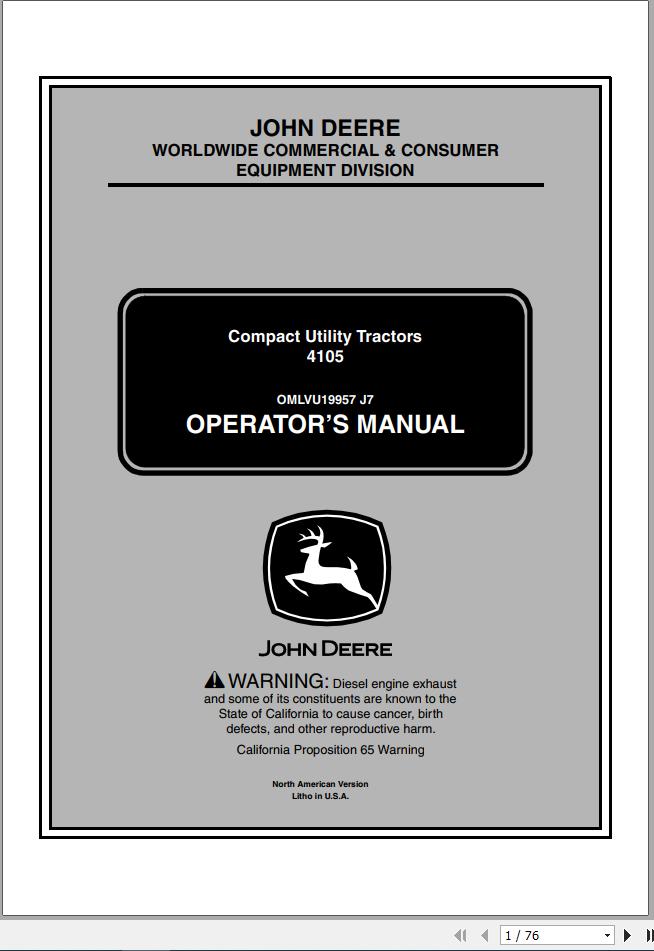 John Deere Compact Utility Tractors 4105 SN 100001 Operators Manual OMLVU19957 J7 2007 1