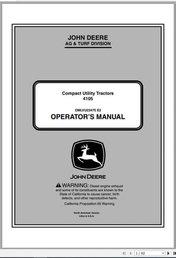 John Deere Compact Utility Tractors 4105 SN 410001 Operators Manual OMLVU23475 E2 2012 1
