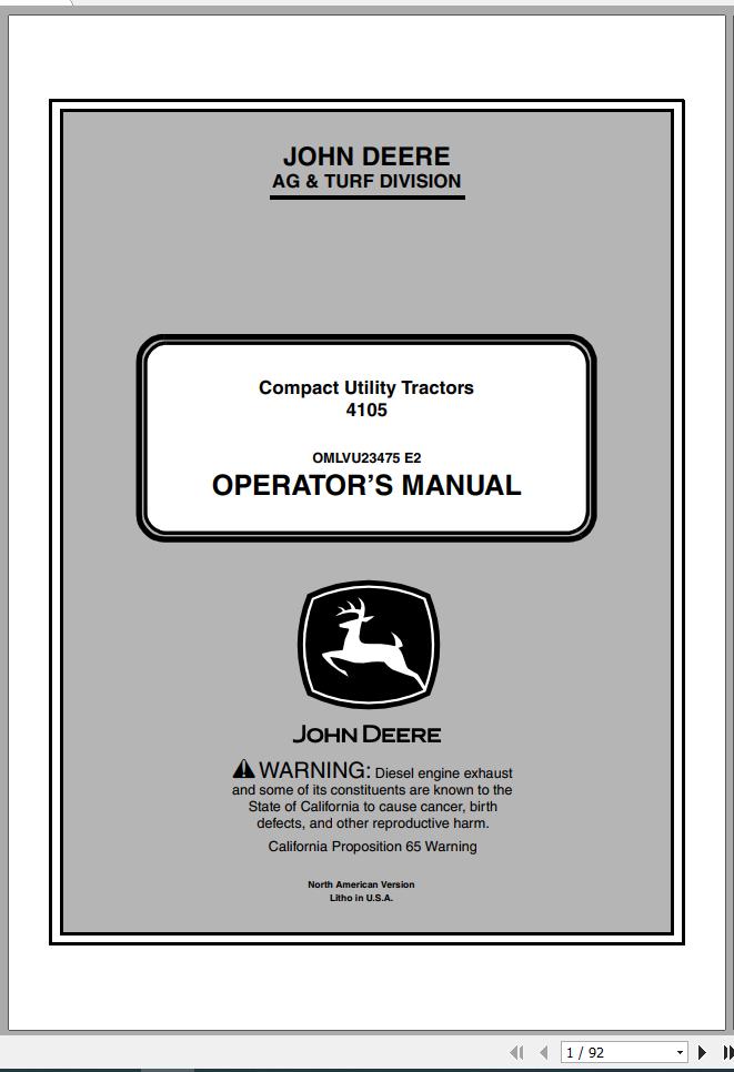 John Deere Compact Utility Tractors 4105 SN 410001 Operators Manual OMLVU23475 E2 2012 1