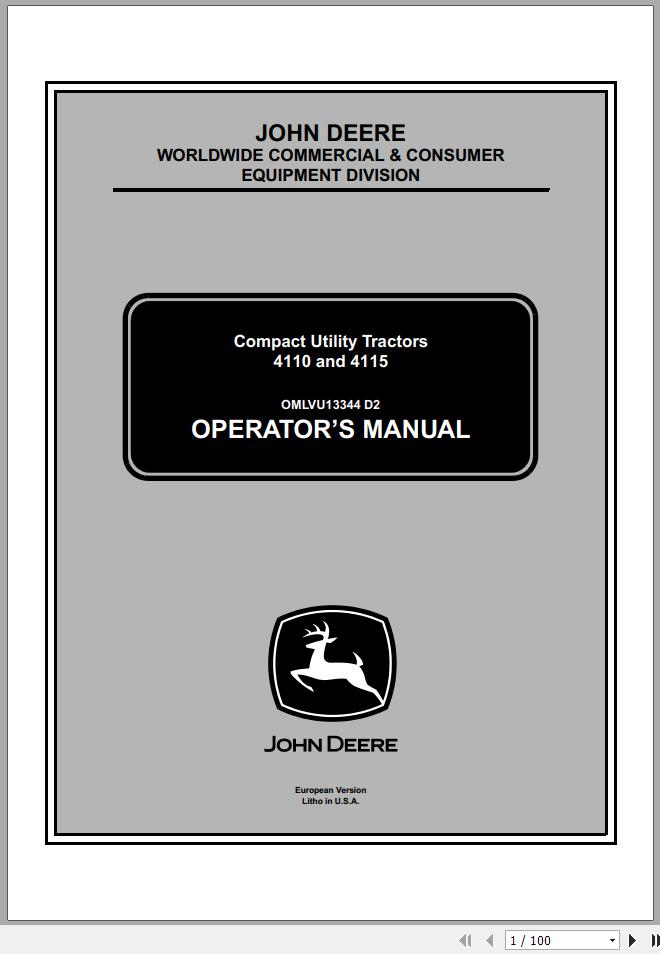 John Deere Compact Utility Tractors 4110 4115 SN 10001 110001 Operators Manual OMLVU13344 D2 2002 1