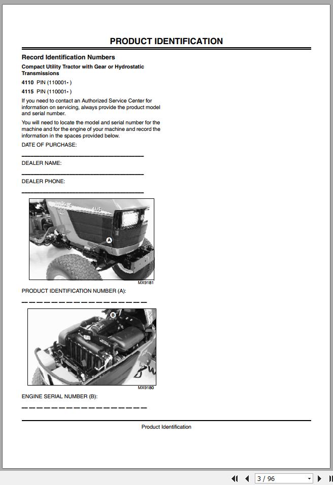 John Deere Compact Utility Tractors 4110 4115 SN 110001 Operators Manual OMLVU13326 A2 1
