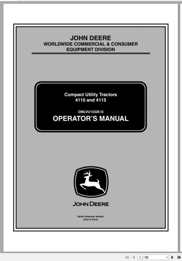 John Deere Compact Utility Tractors 4110 4115 SN 110001 Operators Manual OMLVU13326 I3 2003 1