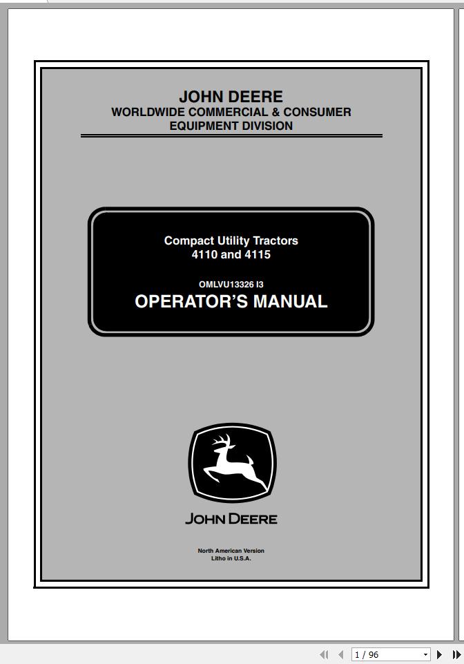 John Deere Compact Utility Tractors 4110 4115 SN 110001 Operators Manual OMLVU13326 I3 2003 1