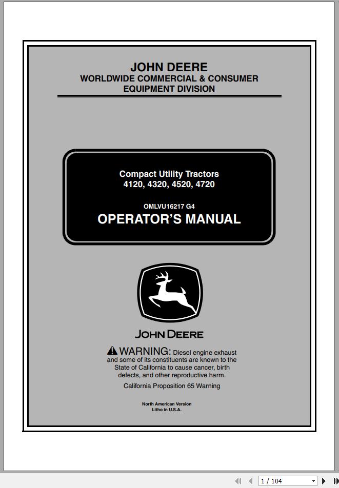 John Deere Compact Utility Tractors 4120 4320 4520 4720 Operators Manual OMLVU16217 G4 2004 1