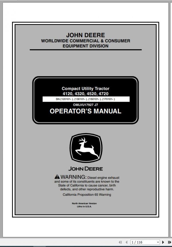 John Deere Compact Utility Tractors 4120 4320 4520 4720 Operators Manual OMLVU17927 J7 2007 1