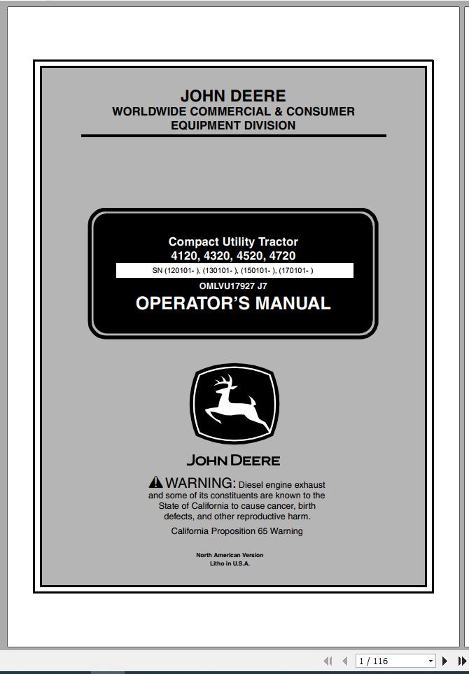 John Deere Compact Utility Tractors 4120 4320 4520 4720 Operators Manual OMLVU17927 J7 2007 1