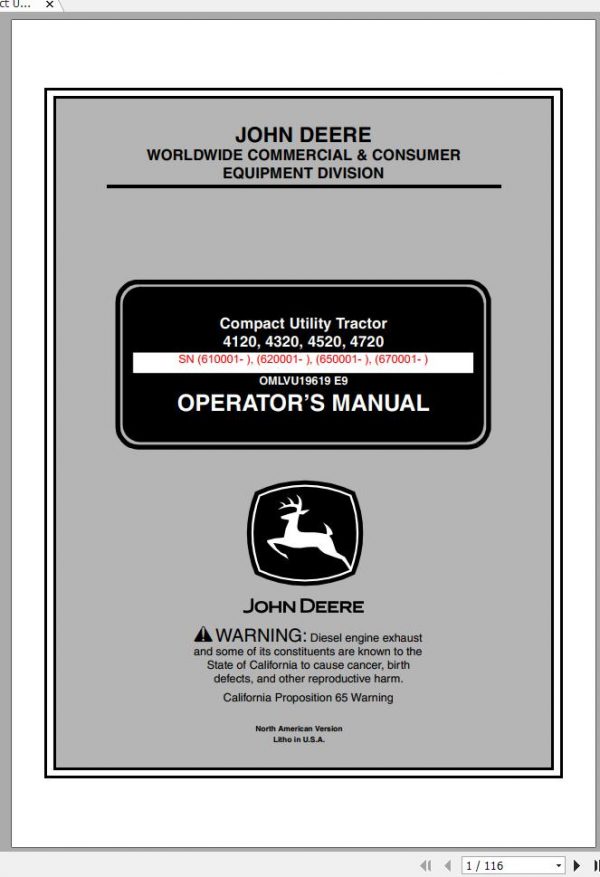 John Deere Compact Utility Tractors 4120 4320 4520 4720 Operators Manual OMLVU19619 E9 2009 1