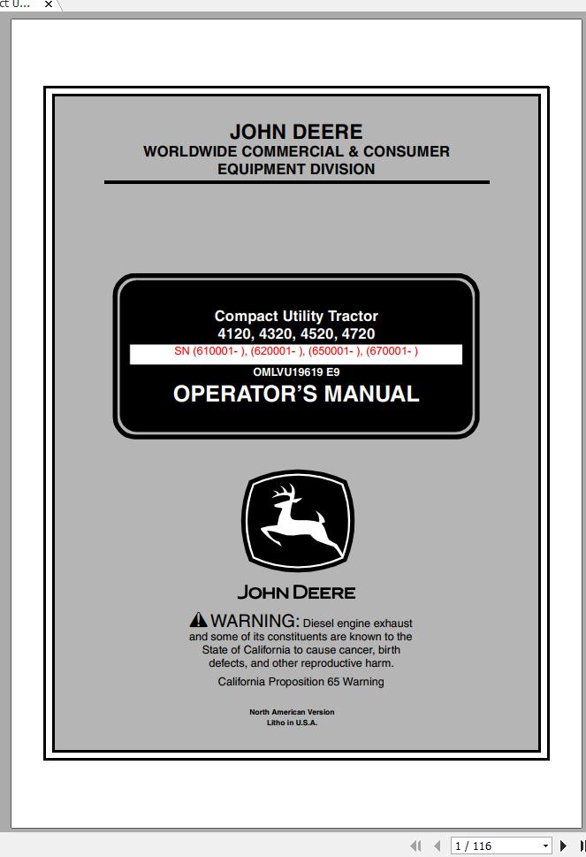 John Deere Compact Utility Tractors 4120 4320 4520 4720 Operators Manual OMLVU19619 E9 2009 1