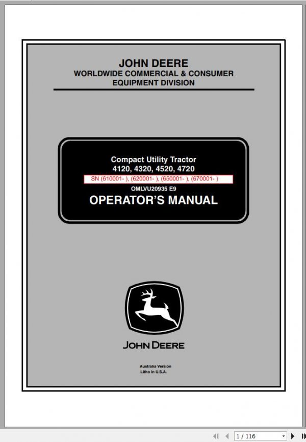 John Deere Compact Utility Tractors 4120 4320 4520 4720 Operators Manual OMLVU20935 E9 2009 1