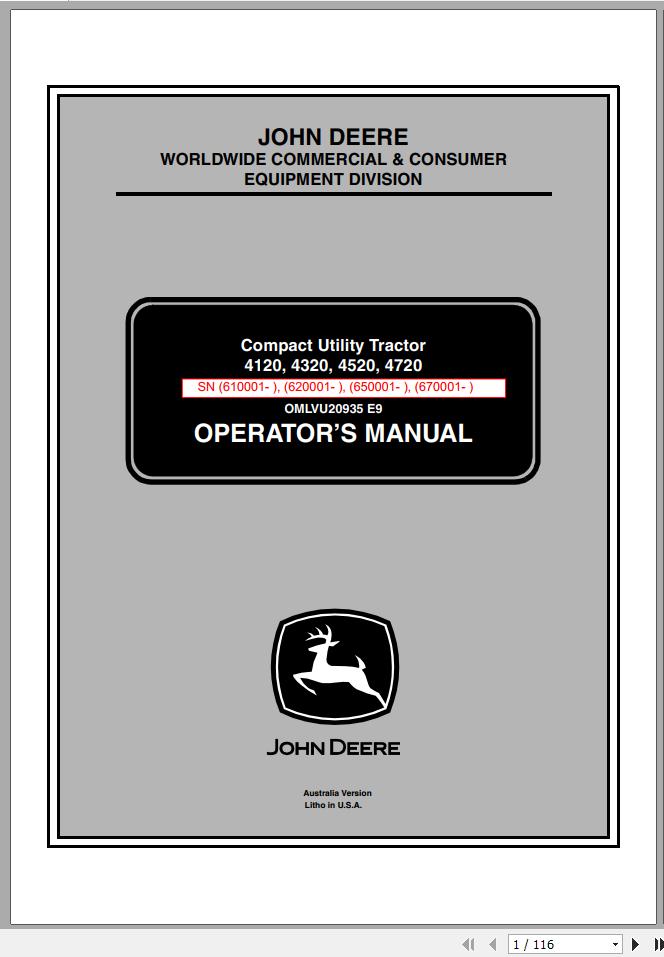 John Deere Compact Utility Tractors 4120 4320 4520 4720 Operators Manual OMLVU20935 E9 2009 1