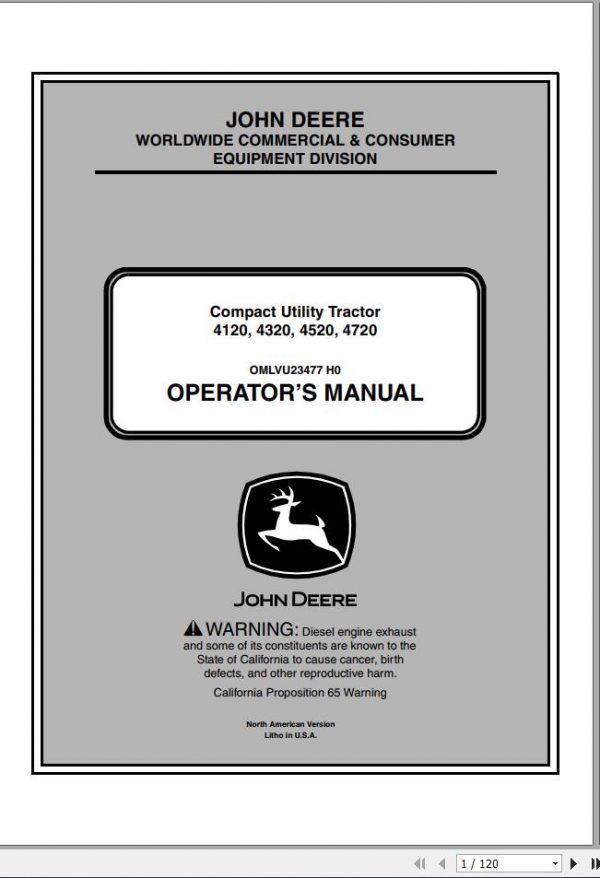 John Deere Compact Utility Tractors 4120 4320 4520 4720 Operators Manual OMLVU23477 H0 2010 1