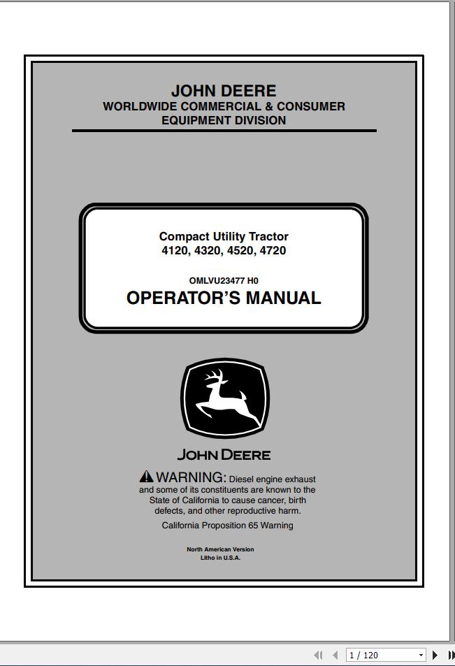 John Deere Compact Utility Tractors 4120 4320 4520 4720 Operators Manual OMLVU23477 H0 2010 1