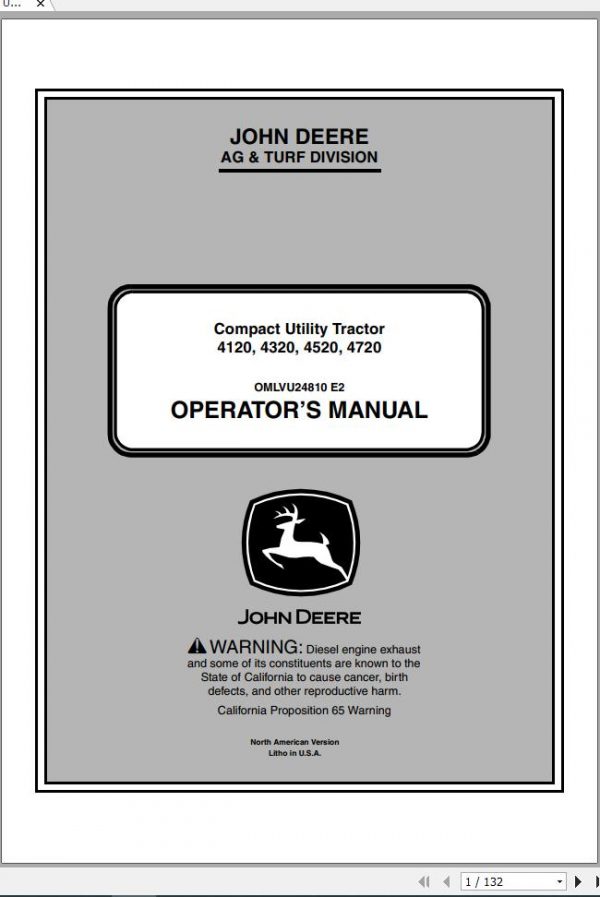 John Deere Compact Utility Tractors 4120 4320 4520 4720 Operators Manual OMLVU24810 E2 2012 1