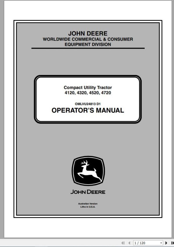 John Deere Compact Utility Tractors 4120 4320 4520 4720 Operators Manual OMLVU24813 D1 2011 1