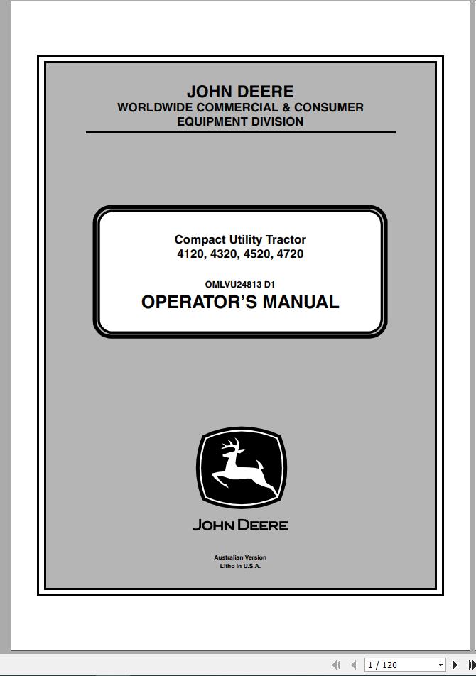 John Deere Compact Utility Tractors 4120 4320 4520 4720 Operators Manual OMLVU24813 D1 2011 1