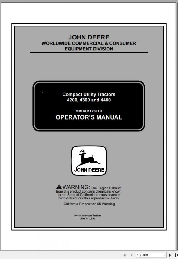John Deere Compact Utility Tractors 4200 4300 4400 Operators Manual OMLVU11736 L0 2000 1