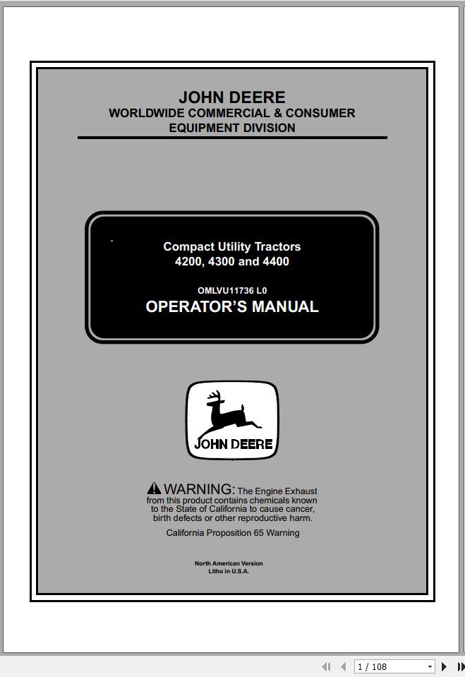 John Deere Compact Utility Tractors 4200 4300 4400 Operators Manual OMLVU11736 L0 2000 1